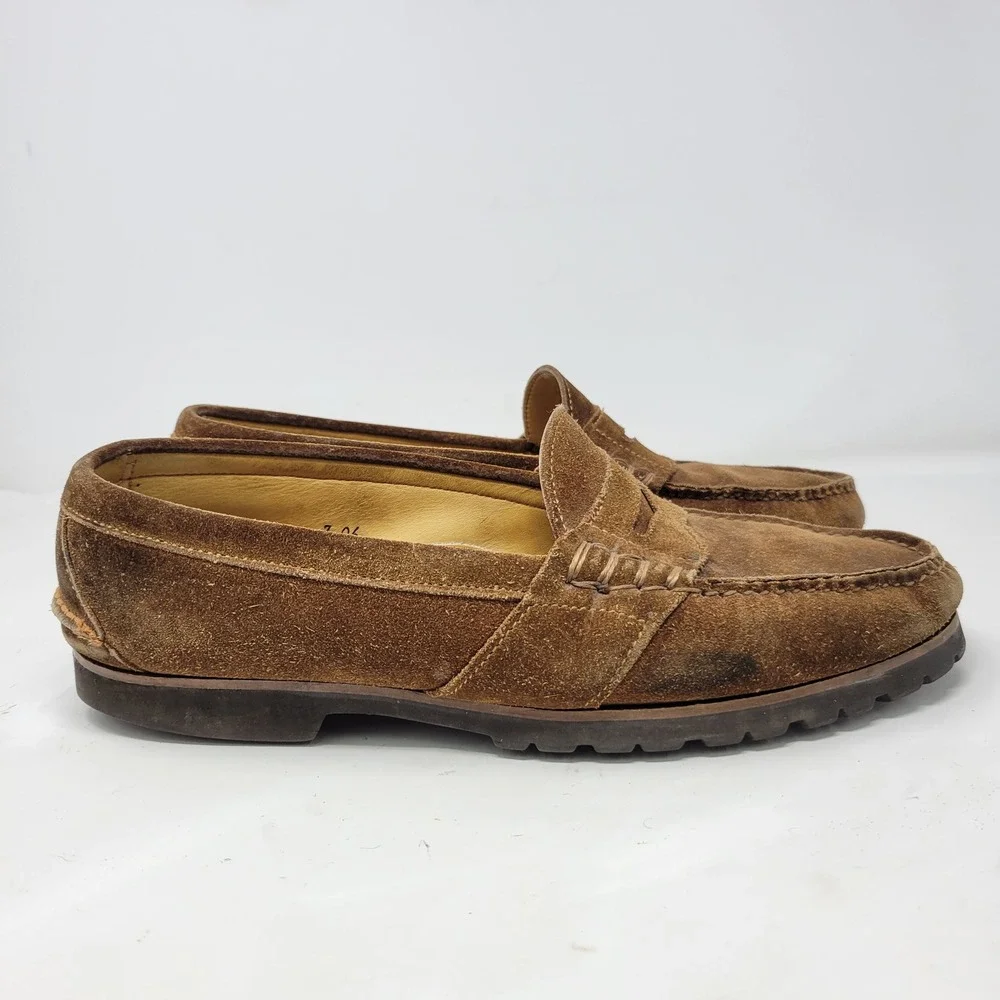 Polo Ralph Lauren Brown Suede Penny Loafers Mens 11.5 D Vibram Lug Made in USA